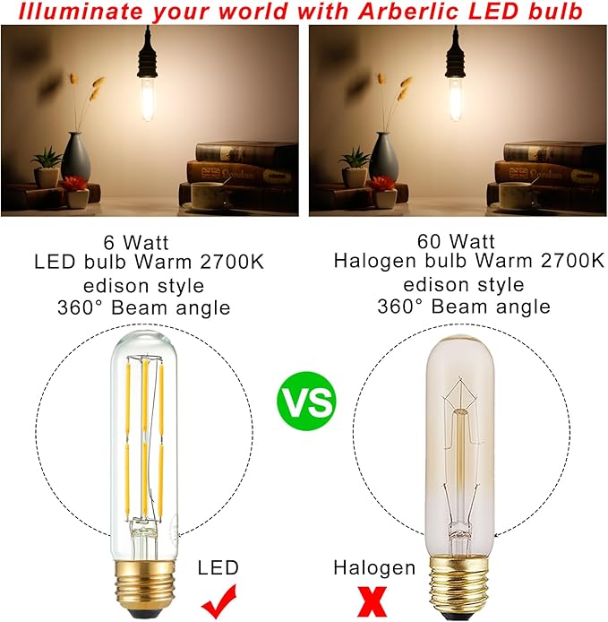 Arberlic 5 Inch T10 LED Bulb,6W Tubular Light Bulb Equivalent E26 led Bulb 60 watt dimmable,Warm White 2700K,600lm,CRI85+,AC120V,Edison Style,Clear Glass,Flicker Free,Pack of 6 - Bloomnest
