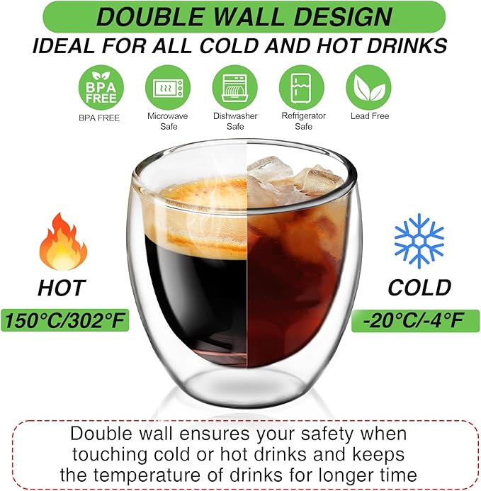 Espresso Cups Set of 4, 5 OZ Expresso Shots Glass Cup, Double Walled Glass Coffee Mugs, Espresso Machine Accessories,Insulated Clear Espresso Shot Glasses Cups,Water Won't Enter Between Double Walls - Bloomnest