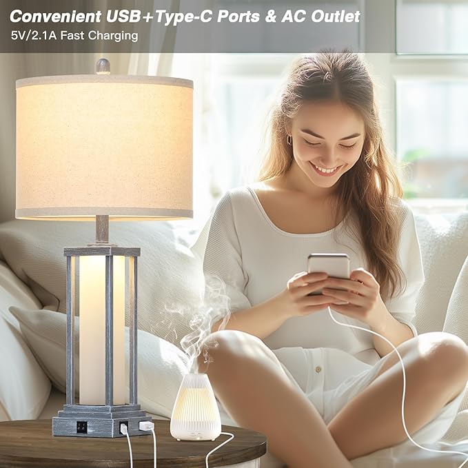 27" Tall Vintage Table Lamp Set of 2 with USB C+A & Outlet,Gray Nightstand Lamp for Living Room,Retro Bedside Lamps with Frosted Glass Night Light for Bedroom Entryway,Grey - Bloomnest