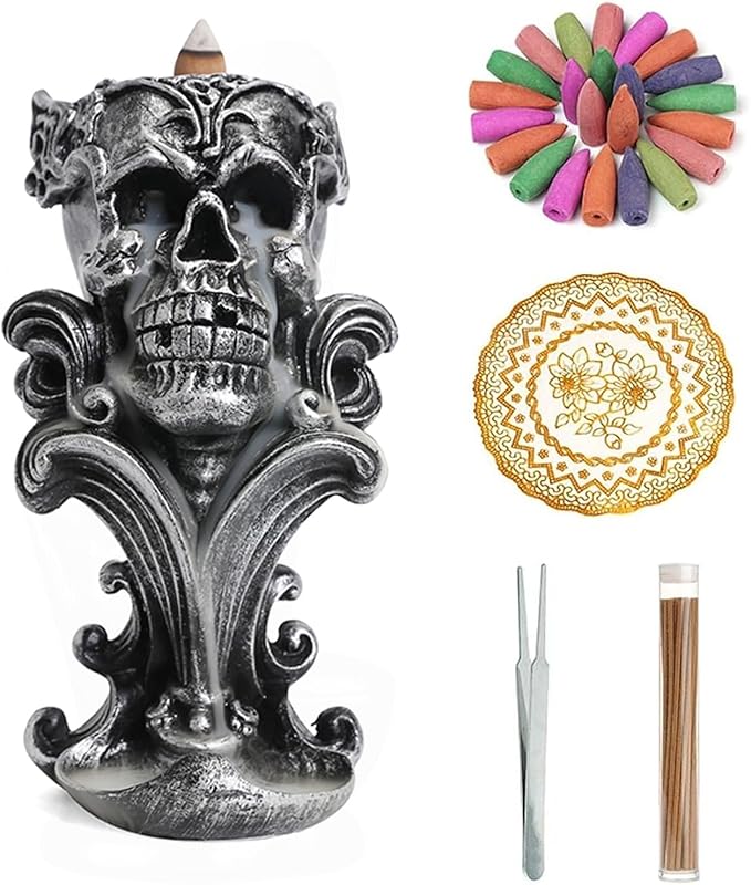 Comeon Backflow Incense Holder Burner Resin Skull Incense Burner Waterfall Incense Burner Home Decor + 20 Backflow Incense Cones + 30 Incense Sticks +1 Tweezer +1 Mat（Metallic Silver） - Bloomnest