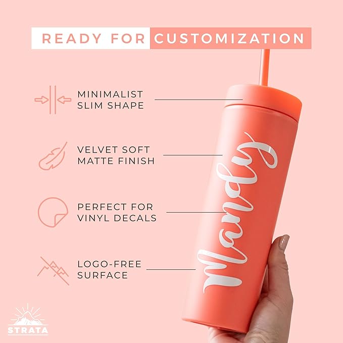 STRATA CUPS Multicolor Skinny Tumblers with Lids and Straws (12 pack) - 16oz Double Wall Acrylic Tumbler, Tall Matte Skinny Tumblers, Bulk with Free Straw Cleaner, Reusable Cups - Bloomnest