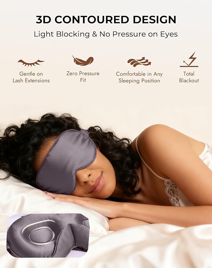 SilkSilky 100% 22 Momme Mulberry Silk Sleep Mask – Upgraded 3D Contoured Eye Mask with Nose Wing Pads & Adjustable Strap, Luxury Blackout Eye Cover for Women & Men (Dark Gray) - Bloomnest
