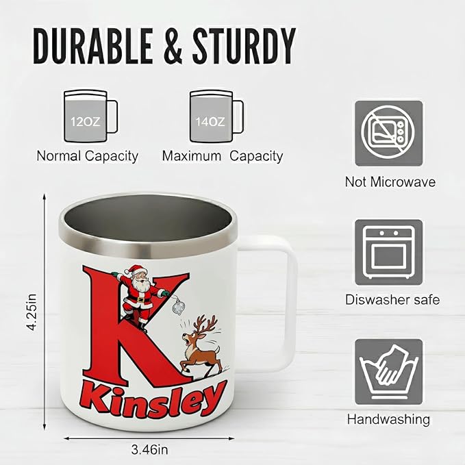 Personalized Christmas Mug with Name Initial - Custom Santa Reindeer 12oz Insulated Stainless Steel Coffee Cup Tumbler with Handle & Lid - Fun Holiday Xmas Gifts for Kids, Women, Men, Family (B150) - Bloomnest