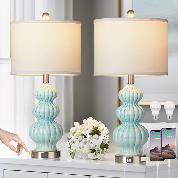 Ceramic Table Lamps Set of 2, Green Modern Bedside 26" Nightstand Lamp 3-Way Dimmable Lamp for Bedroom Living Room Contemporary, Side Table Lamp, Bulbs Included - Bloomnest