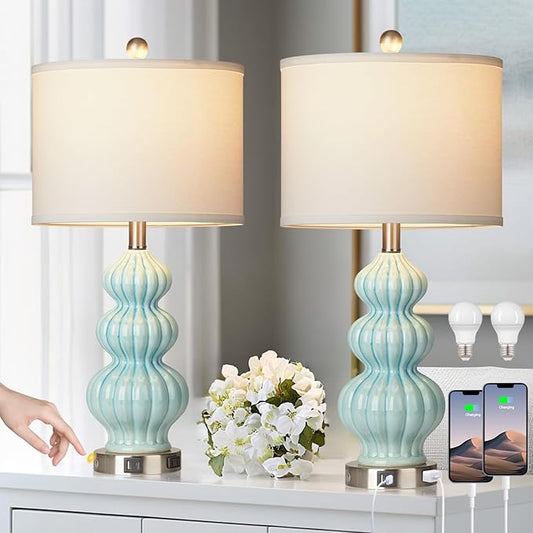 Ceramic Table Lamps Set of 2, Green Modern Bedside 26" Nightstand Lamp 3-Way Dimmable Lamp for Bedroom Living Room Contemporary, Side Table Lamp, Bulbs Included - Bloomnest