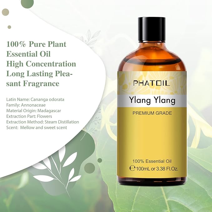 PHATOIL 100ML Ylang Ylang Essential Oil, Premium Essential Oils for Diffuser, Humidifier, 3.38fl.oz Scented Oils for Soap, Candle Making PHATOIL