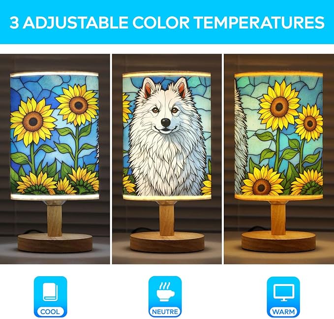 American Eskimo Table Lamp LED 3-Color Pressed Bedside, Dog Shade Lamp with Wood Base for Bedroom Living Room Desk Office - Bloomnest