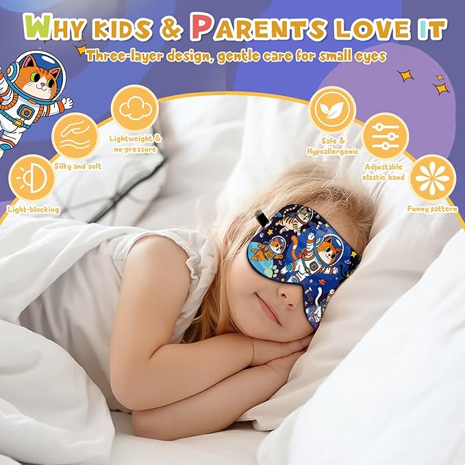 Silk Kids Sleep Mask: 100% Mulberry Silk Eye Mask, Sleeping Masks with Adjustable Strap, Soft & Light-Blocking Printed Kid Eye Cover for Boys Girls Teens Aged 5-15 (Space Cat Theme) - Bloomnest