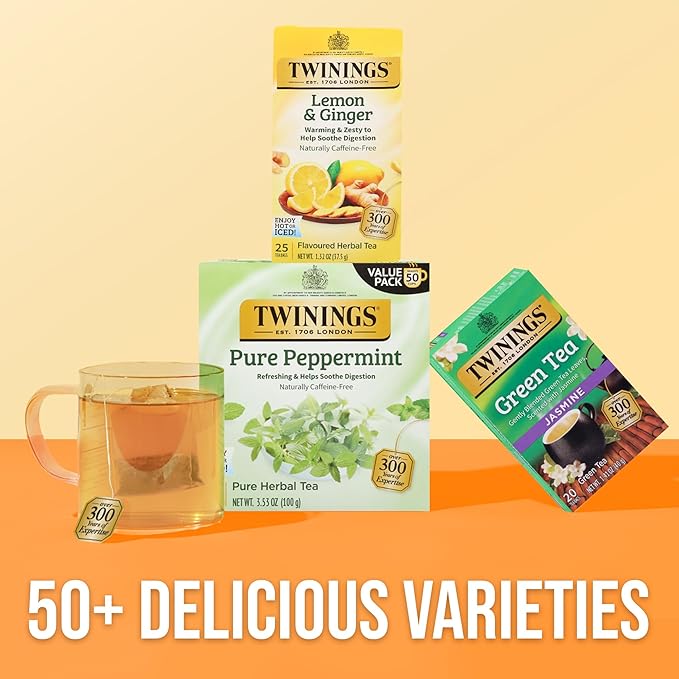 Twinings Lemon & Ginger Herbal Tea Individually Wrapped Bags, 25 Count (Pack of 6), Spicy Ginger, Lemon Peel, & Lemongrass, Naturally Caffeine-Free, Enjoy Hot or Iced, 150 Teabags - Bloomnest
