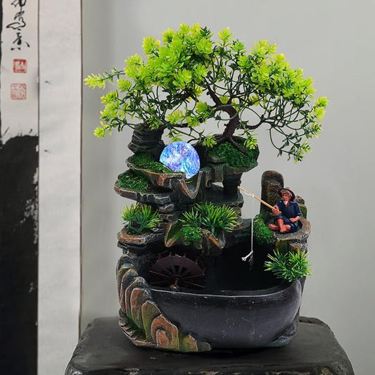 Tabletop Fountains Decorations Indoor Relaxation Desktop Fountain Waterfall,Indoor Waterfall Feature with Colour Changing LED Lighting,Old Man,Waterfall for Home Office Bedroom Desk Ornaments