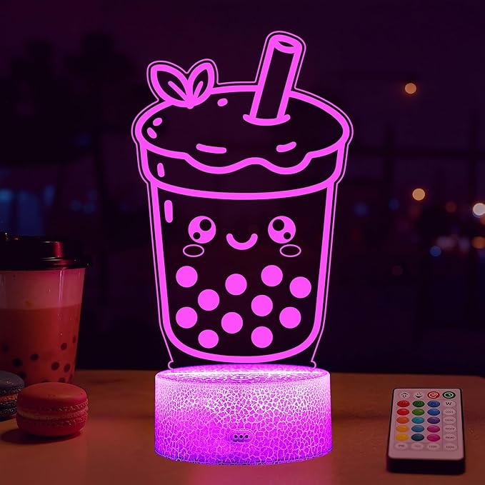 Boba Tea Night Light, Boba Lamp, 3D Illusion Lamp with Remote Control, 16 Color Changing, Timer, RGB Flashing Mode, Dimmable - Boba Gifts for Women & Girls - Bloomnest
