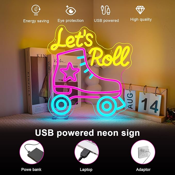 Lucunstar Let's Roll Neon Sign Roller Skating Neon Dimmable Led Sign Party Wall Decor Neon Light up Signs for Roller Skates Store Club Sports Venues Sign Player Room Gift - Bloomnest