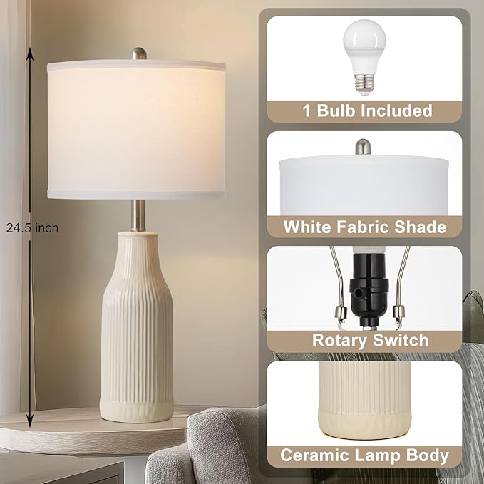 24.5" Modern Ceramic Table Lamp for Nightstand, Farmhouse Bedside Lamp for Bedroom, Small Table Lamps for Living Room End Table, Beige (1 Pack) - Bloomnest