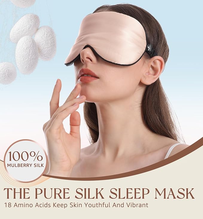 HiRui Silk Sleep Mask, 100% Natural Mulberry Silk of Double-Sided & Inner-Filling, Ultra-Smooth Soft, Adjustable Strap, Blocks Light for Night Sleeping, Travel, Office Naps (Pink) - Bloomnest