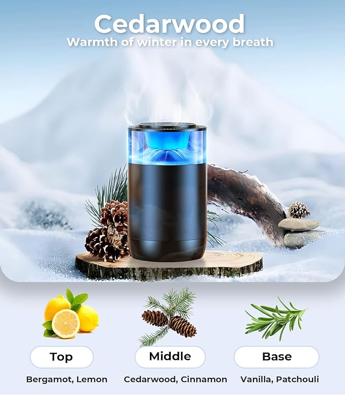 Smart Car Air Fresheners, Ambient Light & Mist Fragrance, Auto On/Off Car Air Freshener Diffuser, Adjustable Intensity, Lasts 6 Months, Built-in Battery, Premium Scents Refill X2 - Cedarwood - Bloomnest