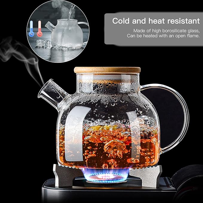 Glass Teapot 50.7oz/1500ml, Stovetop & Microwave Safe Borosilicate Tea Pot,Clear Teapot with Strainer, Glass Tea Kettle with Wooden Lid for Loose Leaf、Fruit Tea and Fragrant Tea - Bloomnest