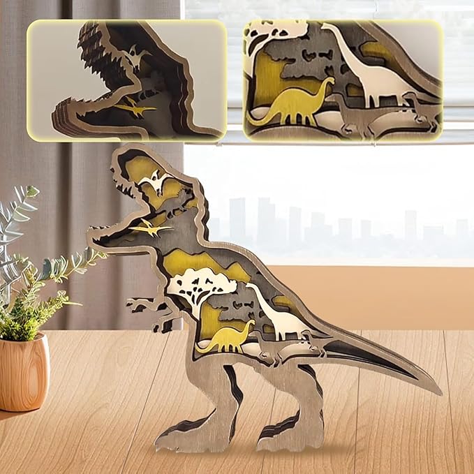 3D Wood Carving Animals Lamp Home Decorative, Cute Bear Family Elephant Presents Ideas Christmas Living Room Office Decor Warm LED Night Lights Gift for Friend Daughter Son Mom Dad (Tyrannosaurus) - Bloomnest