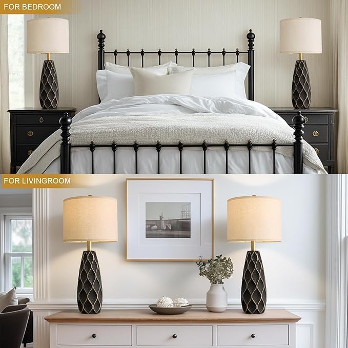 PORTRES 27.5" Ceramic Table Lamps for Bedroom Living Room Lamps Set of 2 Modern Bedside Nightstand Lamp Farmhouse Vintage Rustic Boho Retro Large Table Lamps Light Home Office Desk Deco Gifts, Black - Bloomnest