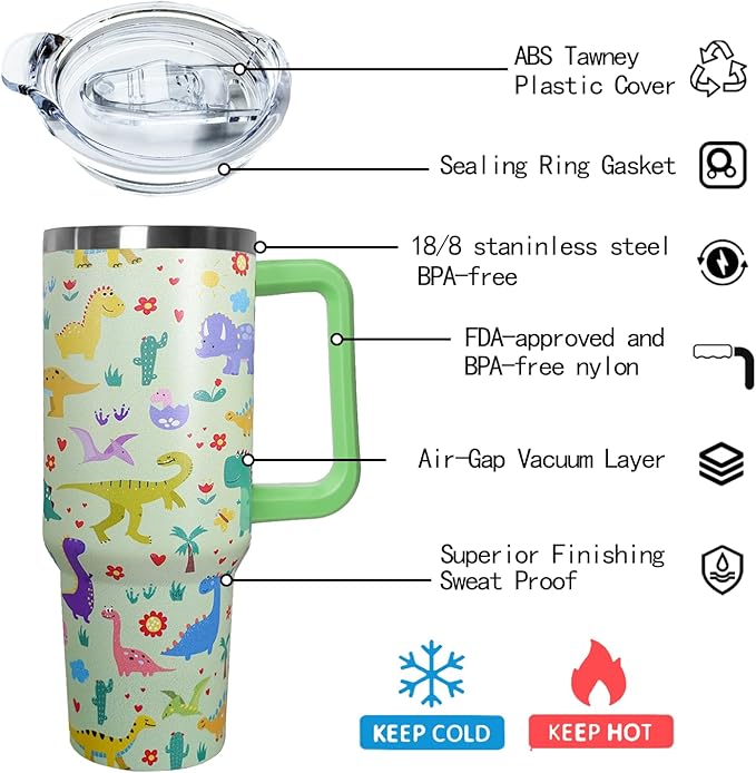 Stainless Steel Dinosaur Tumbler - 40 oz, Coffee Travel Mug with Lid and Straw, Perfect Dinosaur Gifts for Women - Bloomnest