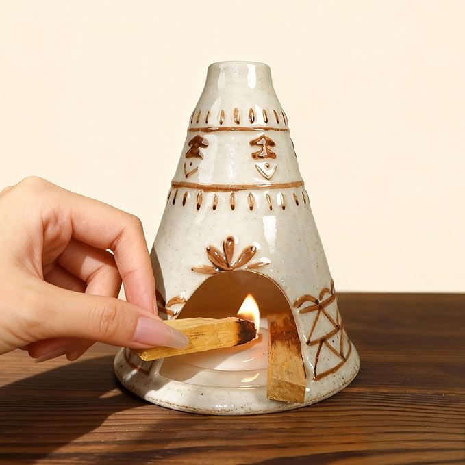 Handcrafted Palo Santo Holder Ceramic Chimney Incense Burner - Tent Shape - Safe for Palo Santo Sticks Sage & Incense Cones for Meditation Yoga Zen Altar Aromatherapy - Thoughtful Gift Idea MOUGIGI