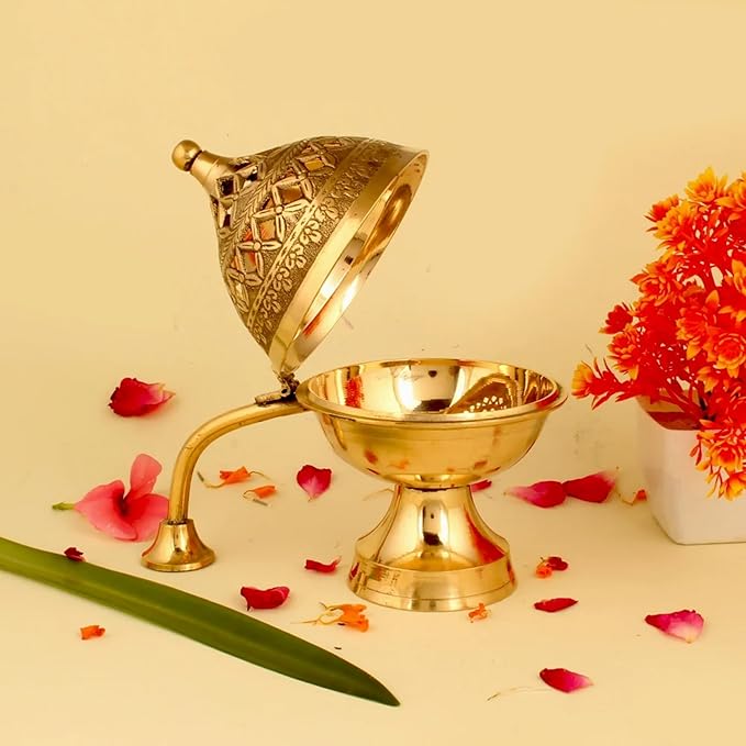 Brass Dhoop Dani with Handle for Puja | Traditional Brass Incense Burner with Dome Lid | Decorative Dhoop Holder for Temple, Home & Spiritual Use | 5 Inch - Bloomnest