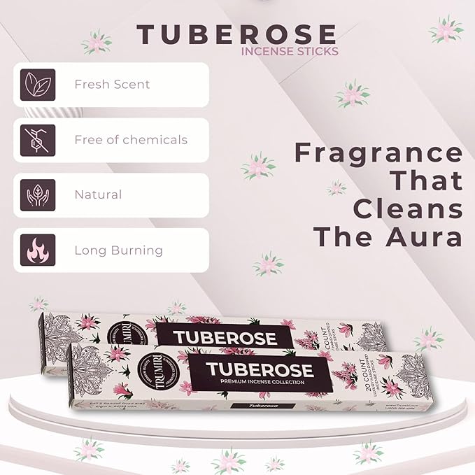 Tuberose Incense Sticks - Total 40 Insence-Sticks - Dual Pack of 20 Insense - Inciensos - Inscents - Natural Non Toxic Ingredients - Incents - Incence - Inscense - Insents TRUMIRI