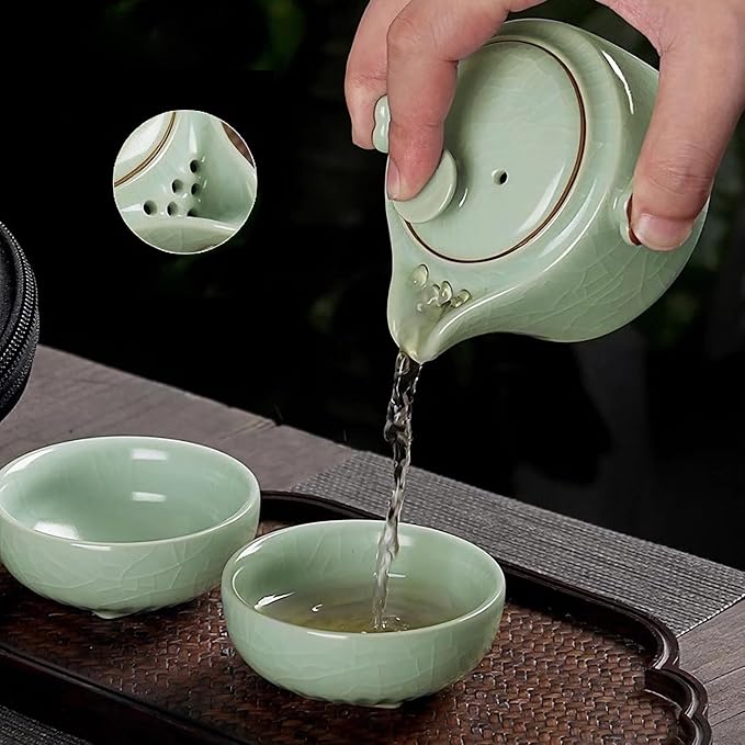Travel Tea Set Ceramic Tea Pot Set Chinese Kung Fu Teapot Porcelain Gongfu Teacups with Infuser, Portable Bag 1 Pot 2 Mini Cup All in One for Home Office Outdoor Picnic Camping Hotel