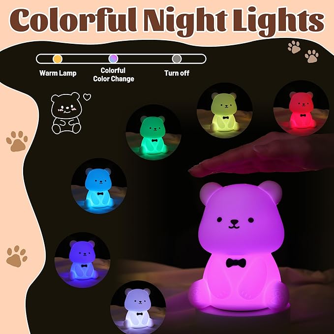 Attivolife Teddy Bear Night Light for Kids, Baby Nursery Beside Silicone Lamp, Protable USB Rechargeable Kids' Bedroom Nightlight with 8 Color Lights, Birthday Christmas Gifts for Girl Boy Children - Bloomnest