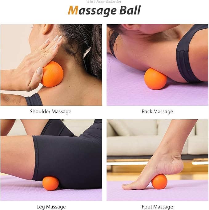 5 in 1 Foam Roller Set - Trigger Point Foam Back Roller, Muscle Roller Stick, Massage Ball, Stretching Band for Deep Muscle Massage Pilates Yoga,Fitness Exercise for Whole Body Release (Pure Orange) - Bloomnest