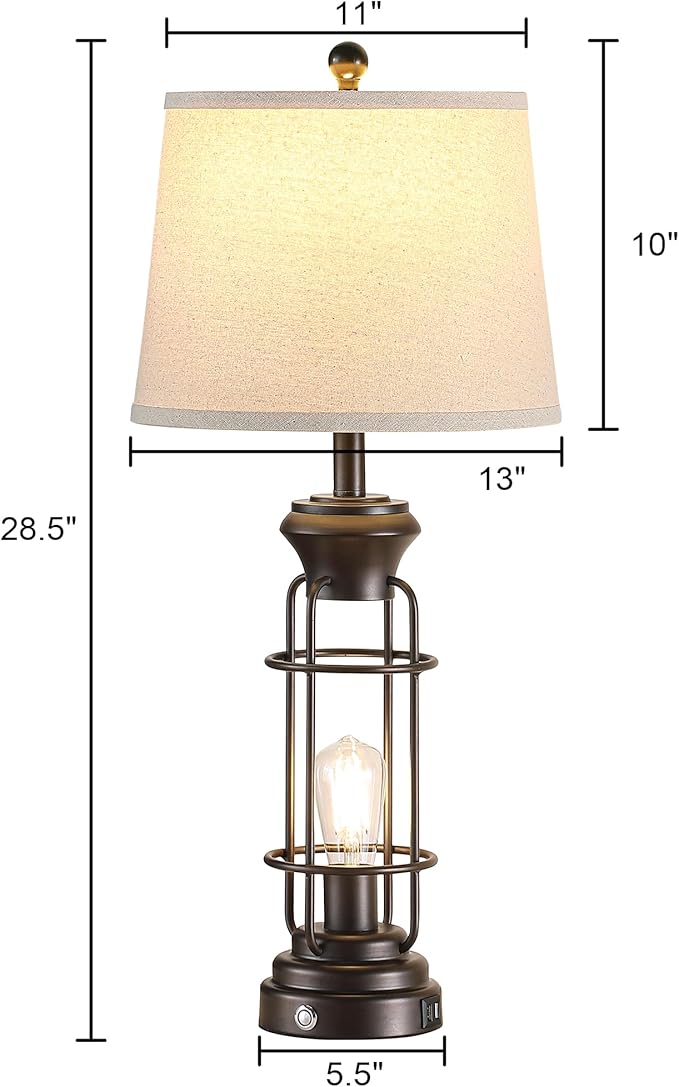 28.5" Farmhouse Lamps for Bedrooms Set of 2, Tall Table Lamps for Living Room with Dual USB Charging Port, Oil Rubbed Bronze Table Lamp with White Oatmeal Shade, Bulbs Included - Bloomnest