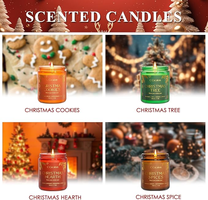 4Pack/28oz Christmas Soy Candles Gift Set Non-Toxic Aromatherapy Scented Holiday Candles for Chritmas Gifts Home Decor, Luxury Vinilla/Apple/Eucalyptus/Rose Jar Candle, Winter Candle Set for Women Men - Bloomnest