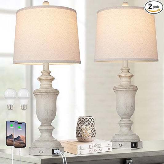 Farmhouse Table Lamps Set of 2 with USB Charging Port for Rustic Living Room Retro Bedroom,3-Way Dimmable Touch Lamp Resin Bedside Lamps for Nightstand Side End Table,Color 2 - Bloomnest