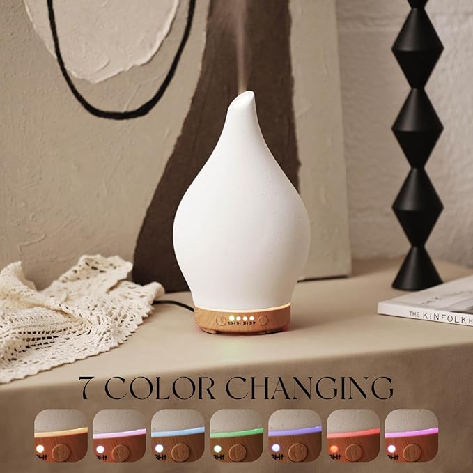 Porseme 150ml Essential Oil Diffuser Ceramic Color Changing Aroma Air Diffusers Aromatherapy Ultrasonic Cool Mist Humidifier 6 Running Hours for Spa Office Sleeping Yoga (White Ceramic) - Bloomnest