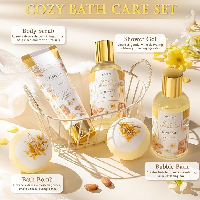Birthday Gifts for Women, Honey & Almond Milk Relaxing Spa Gift Baskets for Women Self Care Package Bath Gift Set, Home Bath and Body Kit Pamper Valentines Day Gifts for Her Womens Mom Friends Sister - Bloomnest
