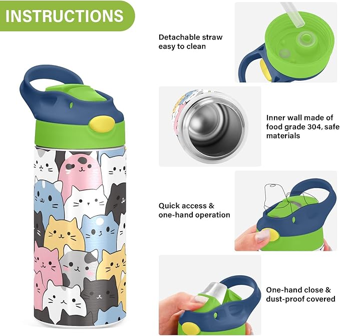 Cats Cute Animal Kids Water Bottle with Straw Lid Insulated Tumbler with Handle Stainless Steel Reusable Toddlers Cup for Kids Boys 12 oz - Bloomnest
