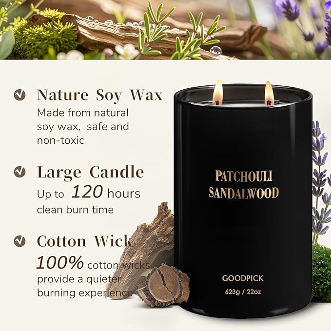 Goodpick Candles Patchouli Sandalwood, Fathers Day Gift, Soy Wax for Home Scented, 22oz 120 Hours Burn, Aromatherapy - Bloomnest