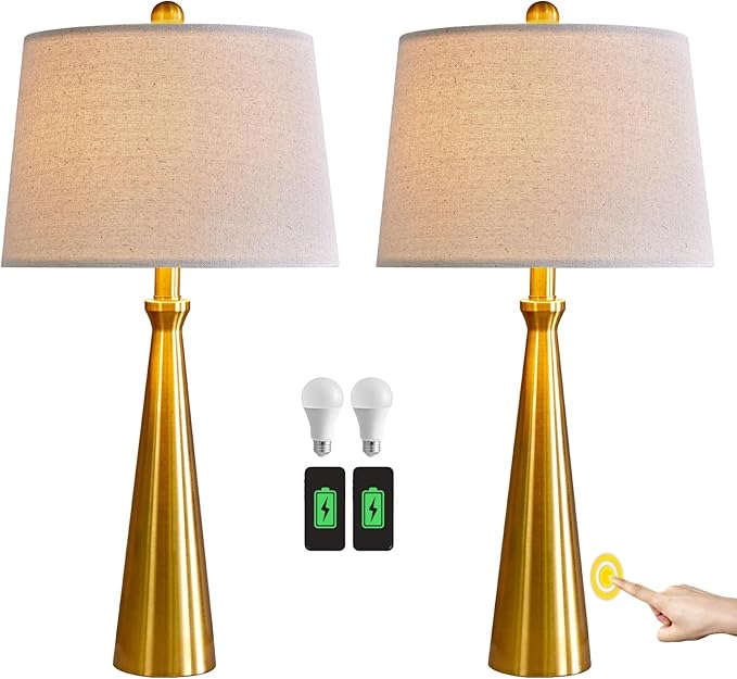 Oneach 25.75" 3-Way Dimmable Touch Control Modern USB Table Lamp Set of 2 for Living Room Bed Room Bedside Nightstand Lamps Fabric Shade Vintage Accent Light Gold Antique Brass - Bloomnest