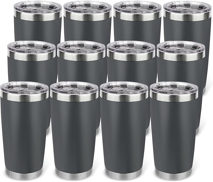 20oz Stainless Steel Tumbler Bulk with Lid, Travel Mug - Double Wall Vacuum Powder Coated Cup - Grey, 12 Pack - Bloomnest