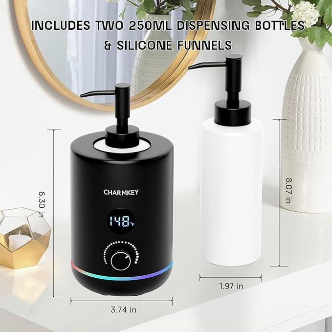 CHARMKEY Massage Oil Warmer Black, 2 Oil Bottle Dispensers & 2 Silicone Funnels, Digital Heater for SPA, Oil Lotion Cream for Salon, Barber Shops, Home - Bloomnest