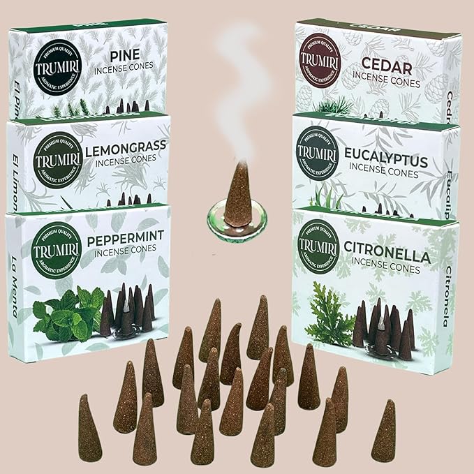 TRUMIRI Leafy Incense Cones - Variety Pack - Total 60 Cone Incense (6 Scents x 10 Conos) - Citronella Lemongrass Eucalyptus Peppermint Cedar Pine - Cone Incense Scents - Insense Cones - Incent Cone