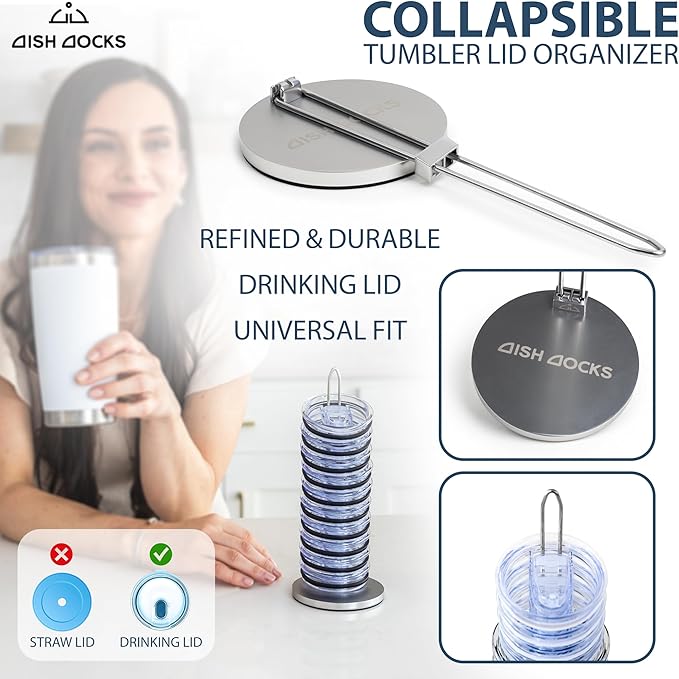 Tumbler Lid Organizer for Cabinet & Countertop - Slim Space-Saving Lid Holder with 9" Sturdy Bar & Weighted, Non-Slip Base - Vertical Storage Cup Lid Organizer - Collapsible Lid Rack for 10 Lids - Bloomnest