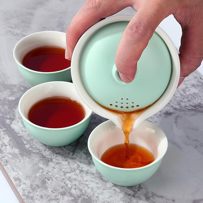 Porcelain Chinese Gongfu Tea Sets for Adults Ceramic japanese Tea Set Portable Kungfu Gaiwan Teapot and Cup Set Small Travel Teaset with Lid for Home Gifting Outdoor and Office (Blue) - Bloomnest