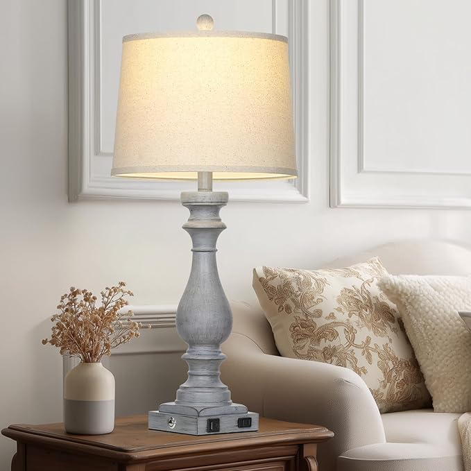 29" Tall Farmhouse Table Lamp for Living Room Set of 2,Vintage Retro Nightstand Lamps with USB C+A Ports & AC Outlet,3-Way Dimmable Touch Bedside Lamp for Bedroom Side Table,Light Grey - Bloomnest