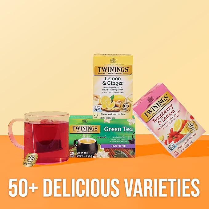 Twinings Raspberry & Lemon Herbal Tea Individually Wrapped Bags, 20 Count (Pack of 6), Fruity & Zesty, Naturally Caffeine-Free, Enjoy Hot or Iced, 120 Teabags - Bloomnest