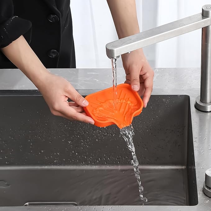 Silicone Bathroom Soap Dishes with Drain Spout-Bathroom and Kitchen Sink Organizer,Sponge Holder,Dish Soap Tray,Perfect for Dispenser,Scrubber,Bottle,Cup on Sink or Counter-Orange 4.9"×3.2" - Bloomnest