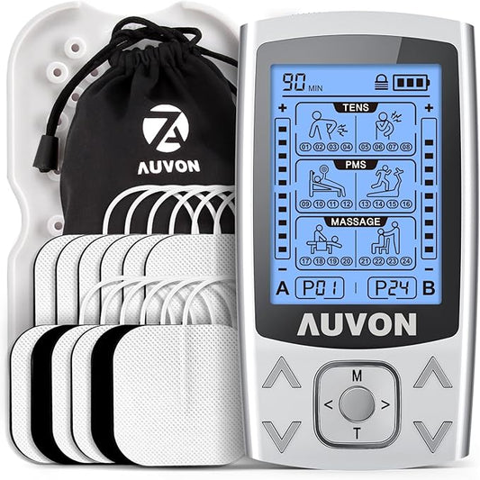 AUVON Dual Channel TENS EMS Unit 24 Modes Muscle Stimulator for Pain Relief, Rechargeable TENS Machine Massager with 12 Pads, ABS Pads Holder, USB Cable and Dust-Proof Storage Bag AUVON