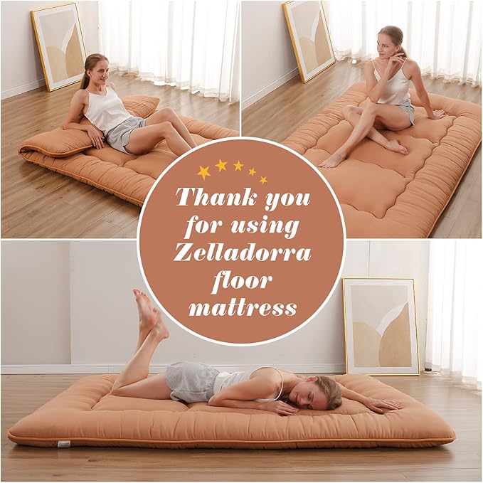 Japanese Floor Mattress, Futon Mattress with Portable Storage Bag and Washable Cover, Roll Up Thick Tatami Mat Suitable for Camping, Guest Room, Light Coffee, Twin - Bloomnest