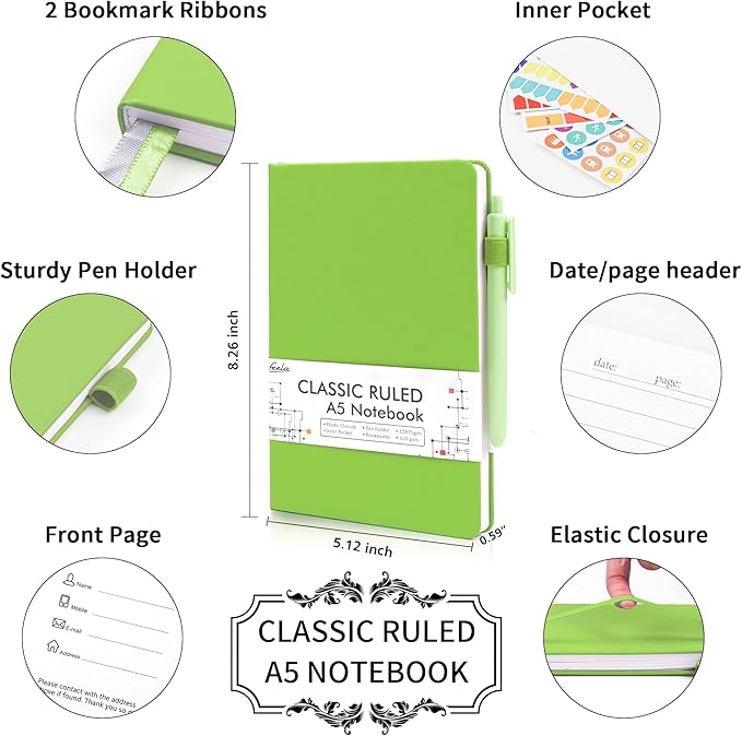 feela 24 Pack Journal Notebook Bulk for Work, Business Notebook Hardcover Lined Writing Journal with Pen Holder for Men Women Note Taking, with 24 Black Pens, 120 GSM, 5.1”x8.3”, A5, Green - Bloomnest