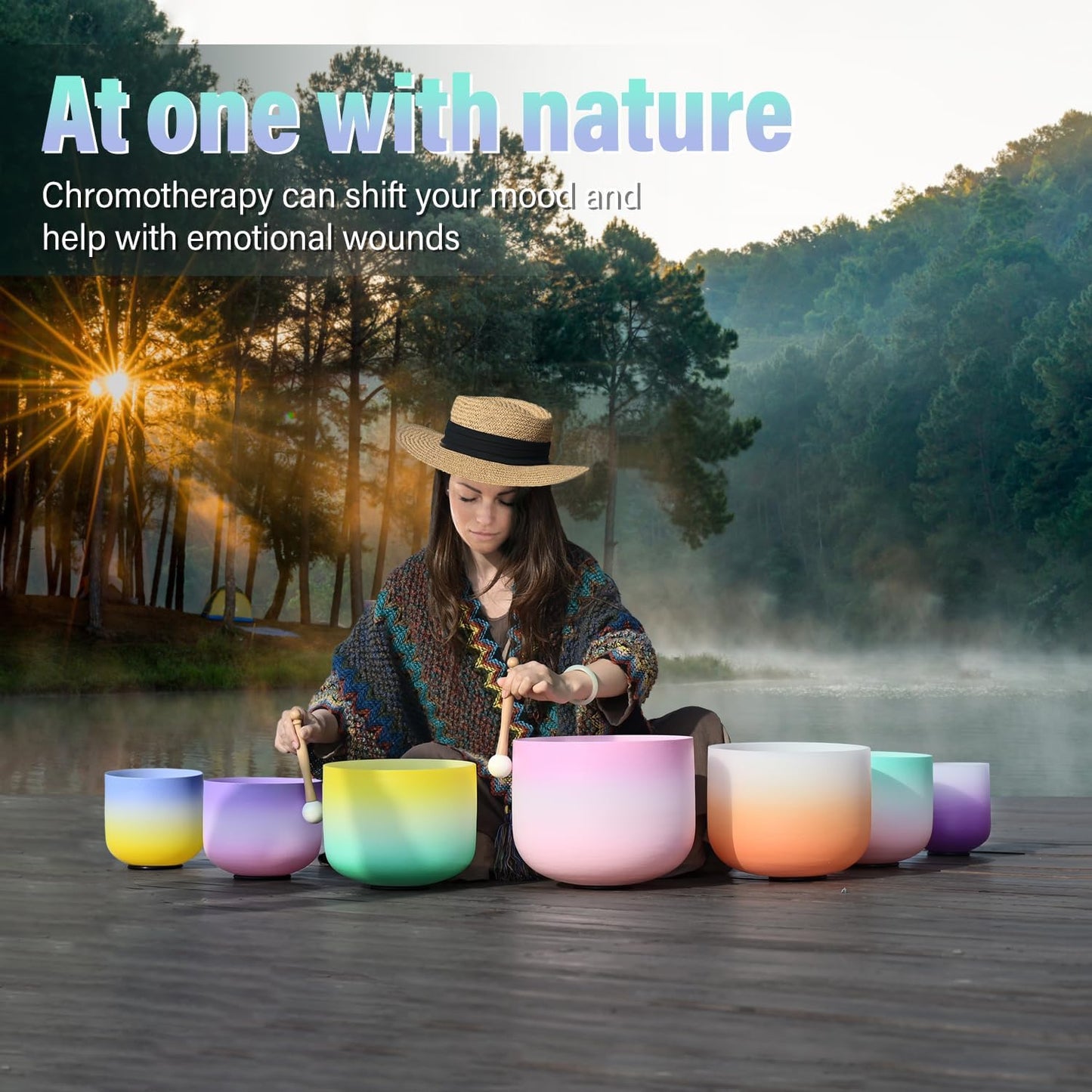 440HZ 6"-12" Set of 7 PCS Frosted Quartz Color Crystal Singing Bowl Set Sound Healing with Sound Bowl Mallet Suede Stick Heavy Duty Carry Cases