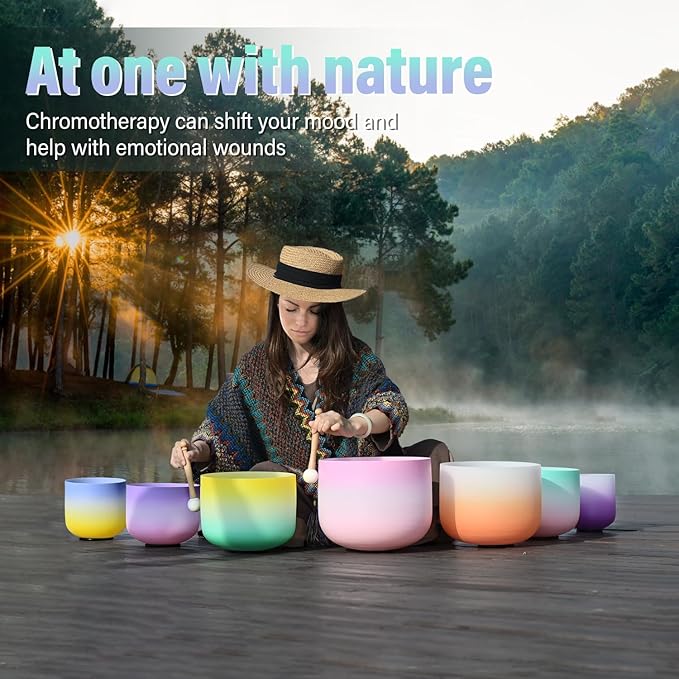 440HZ 6"-12" Set of 7 PCS Frosted Quartz Color Crystal Singing Bowl Set Sound Healing with Sound Bowl Mallet Suede Stick Heavy Duty Carry Cases - Bloomnest